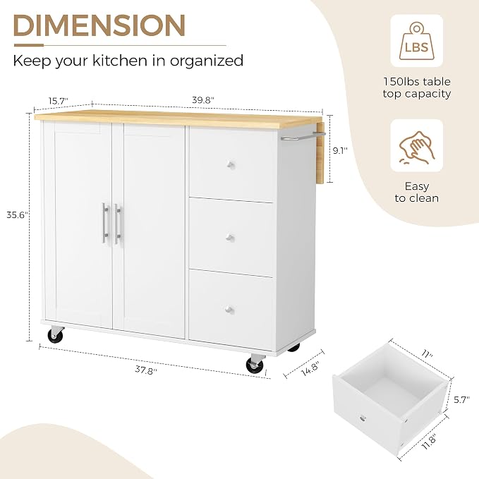 QAQA 40" Kitchen Island Cart Furniture cart on Wheels Rolling Portable Dining - Image 2