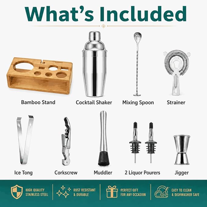 Cocktail Shaker Set, 18/8 Food-Grade Stainless Steel Mixology Bartender Kit - Image 2