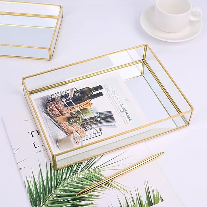 Sooyee Gold Rectangle Mirror Tray, Metal and Glass Decorative Tray Can Hold - Image 3