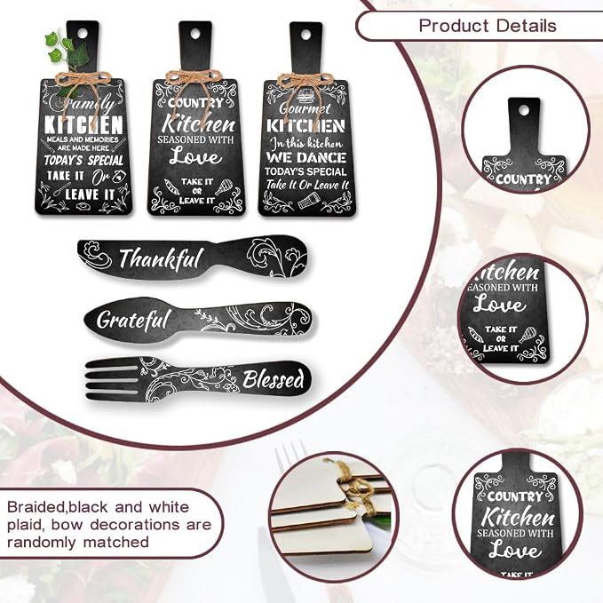 PH PandaHall 6pcs Cutting Board Eat Sign Set Black and White Chalk Text Wooden - Image 3