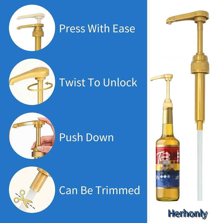 Syrup Pump, 4 Pack Premium Coffee Dispenser, Skinny Gold Pump - Image 4