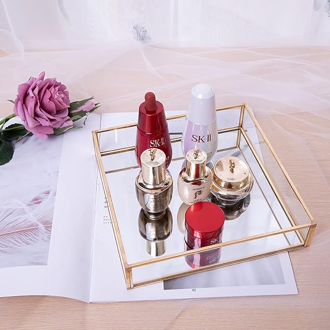 Sooyee Gold Rectangle Mirror Tray, Metal and Glass Decorative Tray Can Hold - Image 6