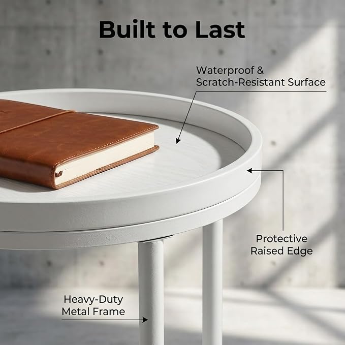 Small Round Side Table with Tray Top, 11.8" Narrow End Table - Image 9