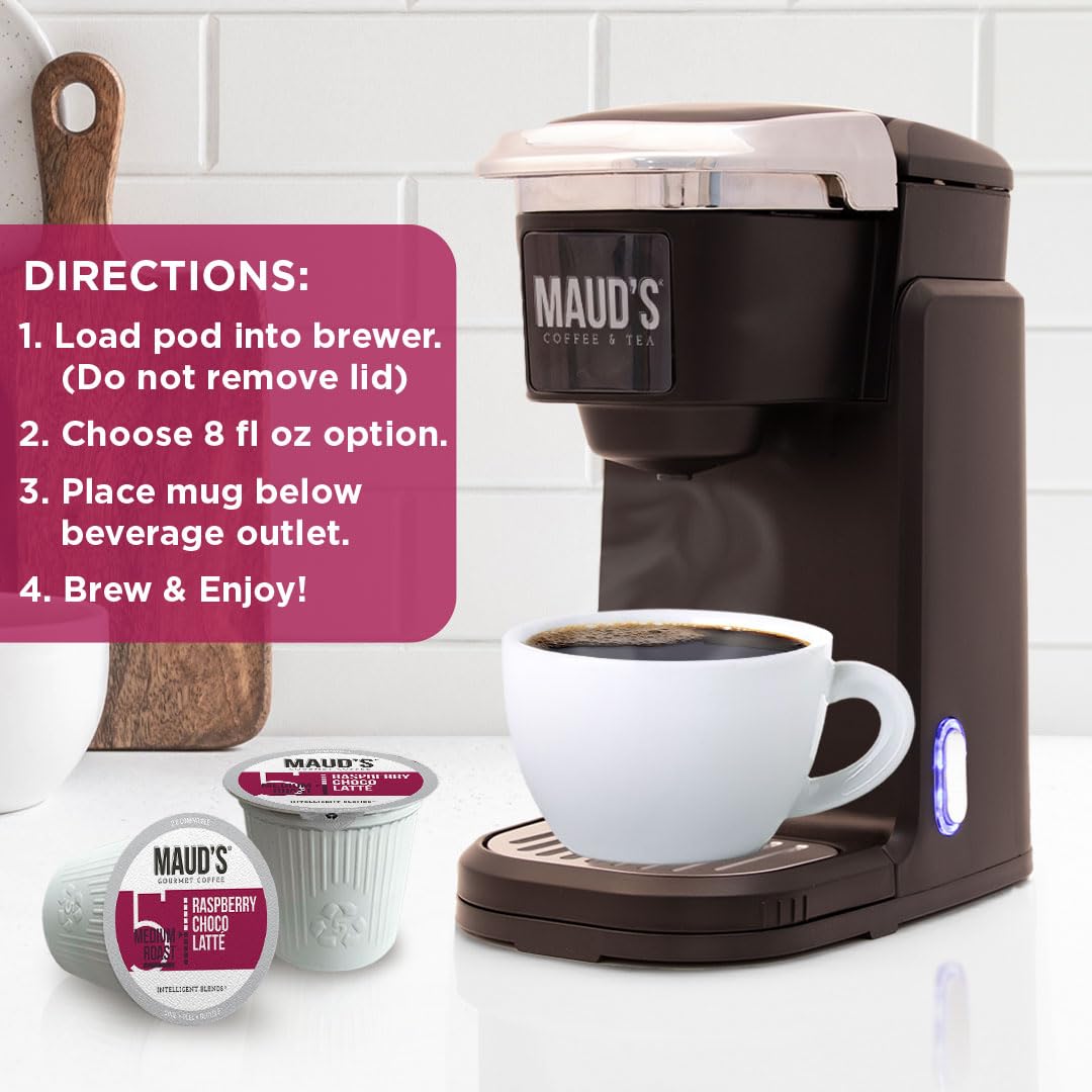 Maud's Raspberry Chocolate Flavored Coffee Pods, 18 ct, Medium Roast Flavored Coffee in Recyclable Single Serve Pods – 100% Arabica Beans, Compatible with Keurig K Cups Maker