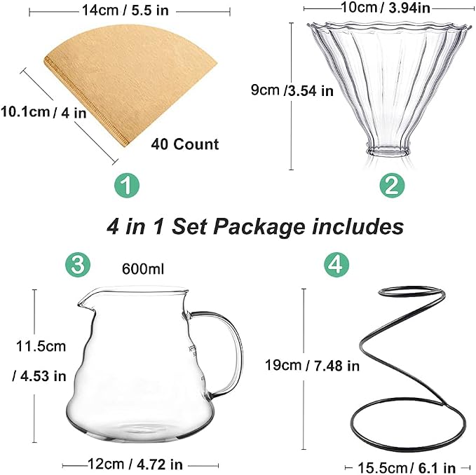 Pour Over Coffee Maker Set – Includes Glass Coffee Dripper, Metal Dripper Stand - Image 2