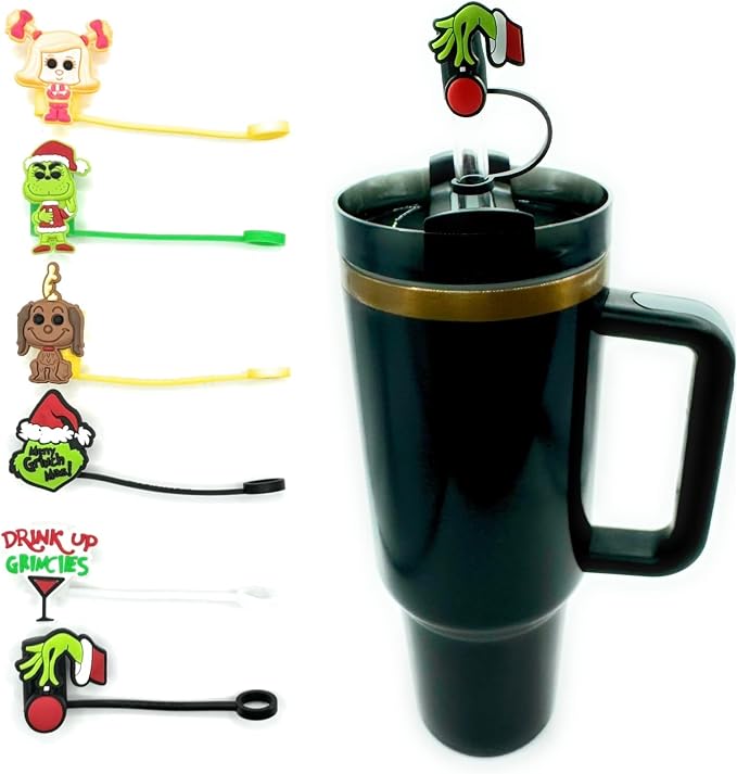 6 Pack 10mm Christmas Grinchmas Straw Toppers, Fits Stanley and Simple Modern by ThirstTrapDrinkware