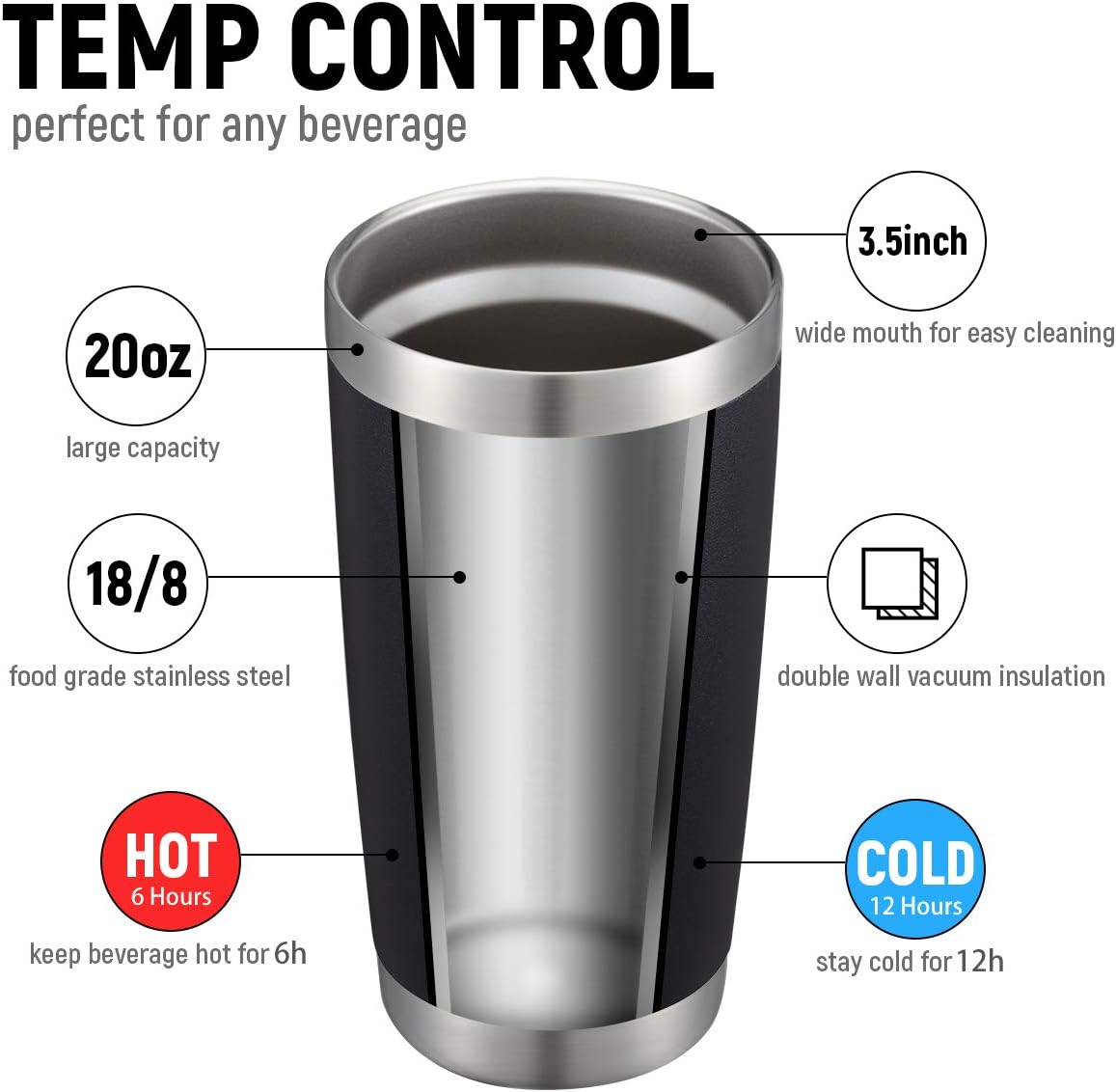 COMOOO 20oz Double Wall Vacuum Insulated Travel Mug, Stainless Steel Tumbler with Lid and Straw Durable Powder Coated Insulated Coffee Cup for Cold & Hot Drinks (Black. 2 pack
