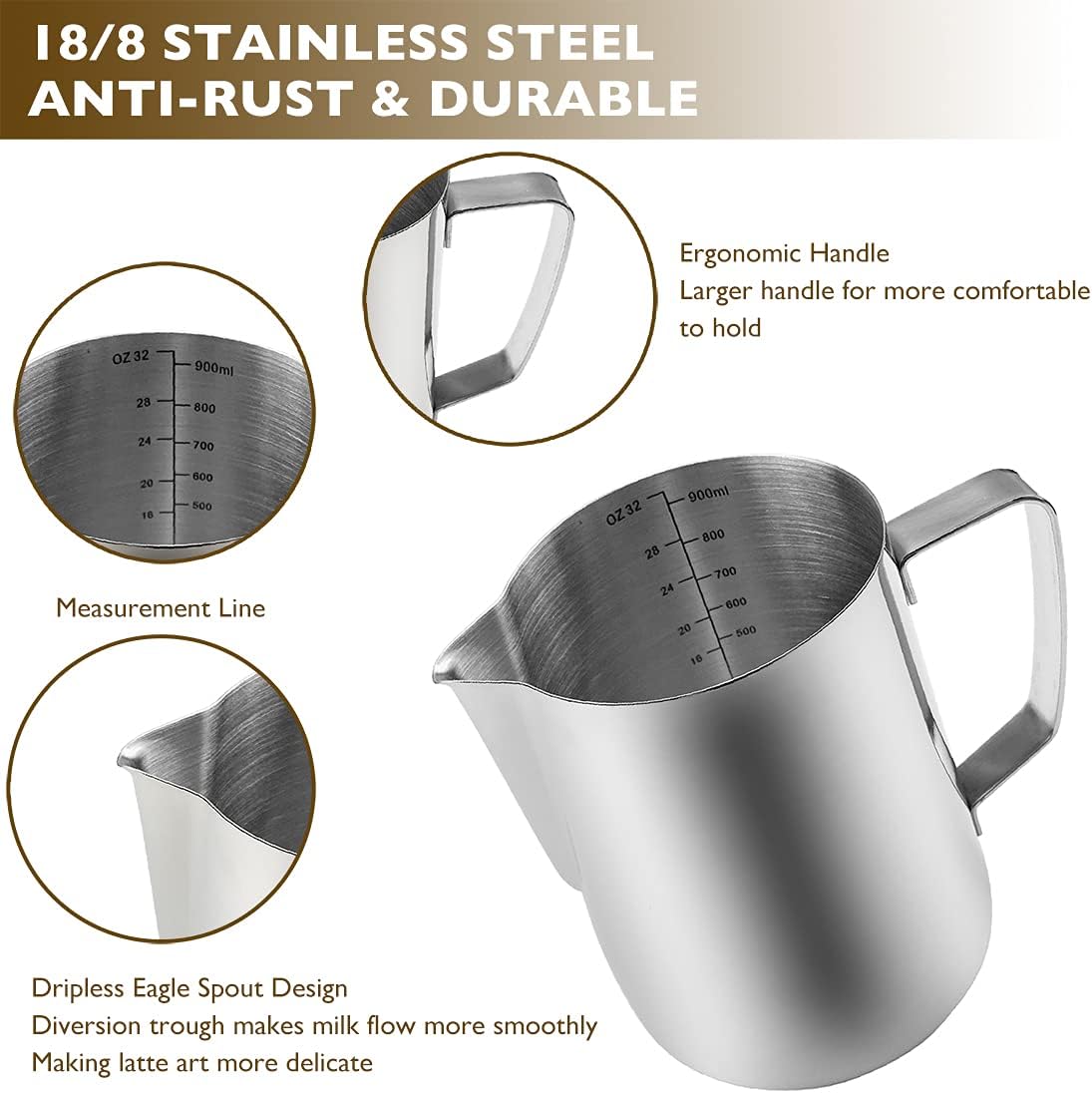 CAMKYDE Stainless Steel Milk Frothing Pitcher 32 oz, Espresso Steaming Pitcher with Decorating Pen for Espresso Machines, Cappuccino, Latte Art (Silver)