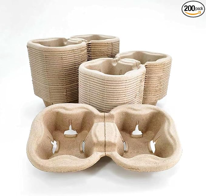 2 Cup Compostable Paper Pulp Cup Carrier, 8.66 x 4.33 x 1.65 Inches, Leak-Proof by TanZenGPackage