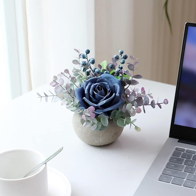 Small Artificial 2pcs Blue Rose Potted Plant, Mini Faux Floral Arrangement - Image 5