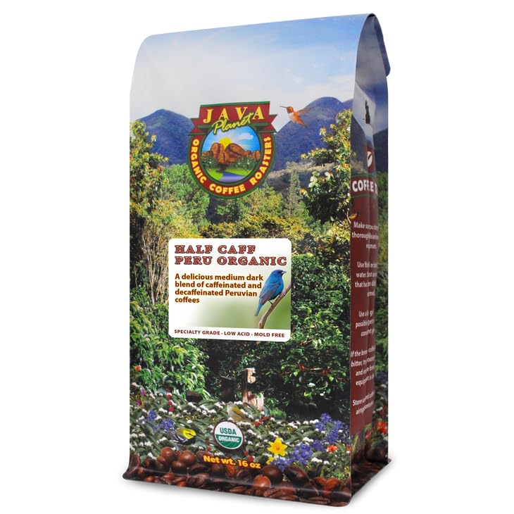 Low Acid Organic Coffee – Whole Bean, Mold-Free & Stomach Friendly by Java Planet, Peruvian Single Origin Half Caff Coffee, Medium Dark Roast, Arabica Gourmet Coffee Grade A, 1LB Bag