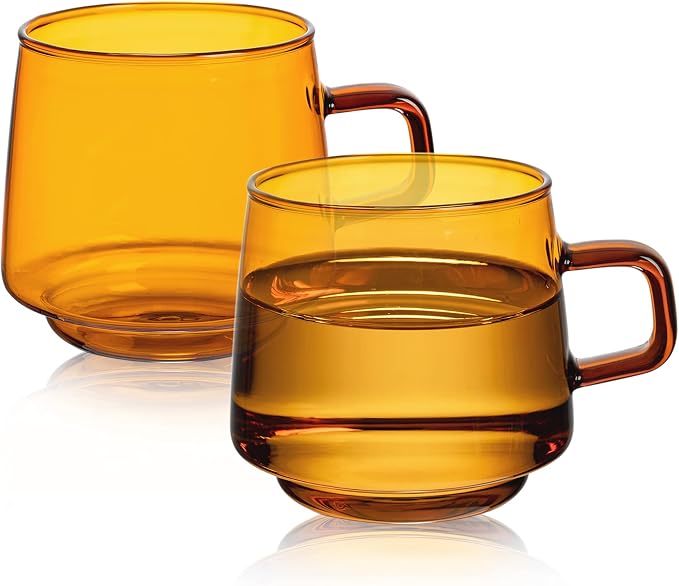 Joeyan Amber Glass Coffee Mugs Set of 2-10 oz Glass Stackable Coffee Cups by JoeyanHousehold