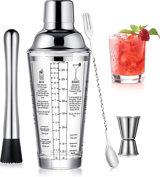 Glass Cocktail Shaker Stainless Steel Leak-Proof Lid Boston Shaker Martini by OBALY