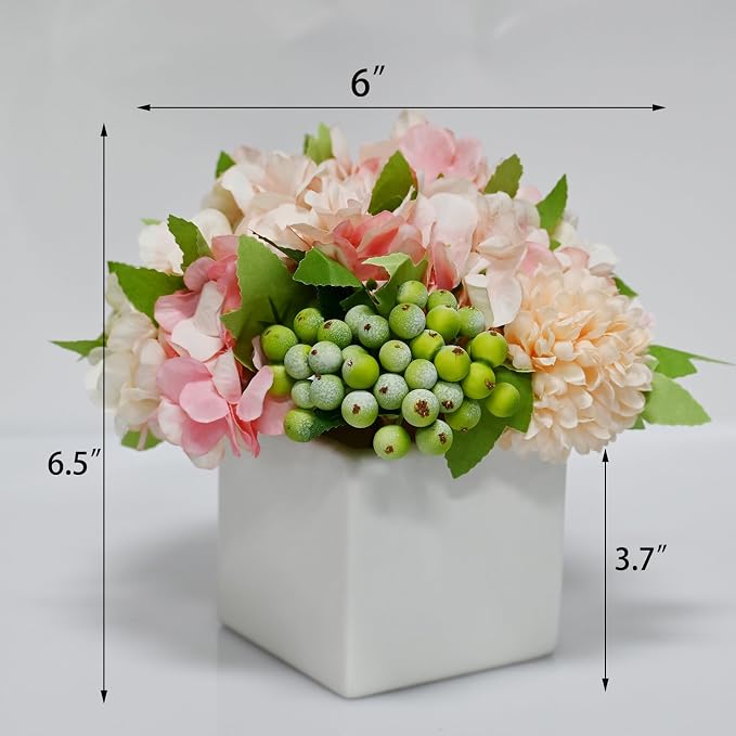 Artificial Flower Arrangement in Ceramic Vase Pink Hydrangea Home Decor | - Image 2