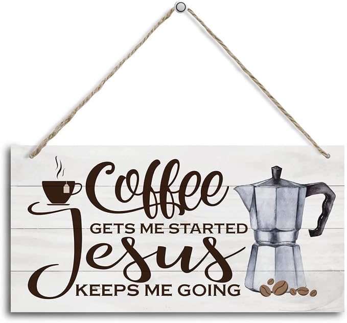 Hanging Coffee Wood Decor Sign, Jesus Keeps Me Going, Printed Wooden Plaque by HALUOSI