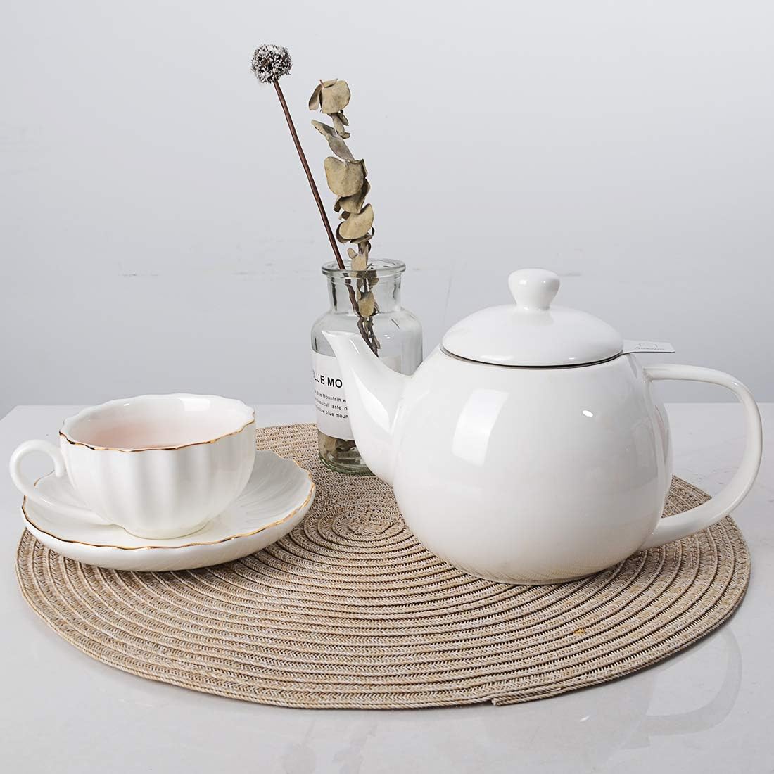 Sweejar Porcelain Teapot with Removable Stainless Steel Infuser,Microwave & Dishwasher Safe Tea Pots for Loose Tea,Tea Infuser Pots for Chrismas Women Gift (30oz White)