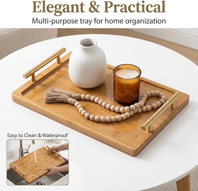 PEKER Wooden Serving Tray with Metal Handles, Ottoman & Home Décor, Wooden Food - Image 6