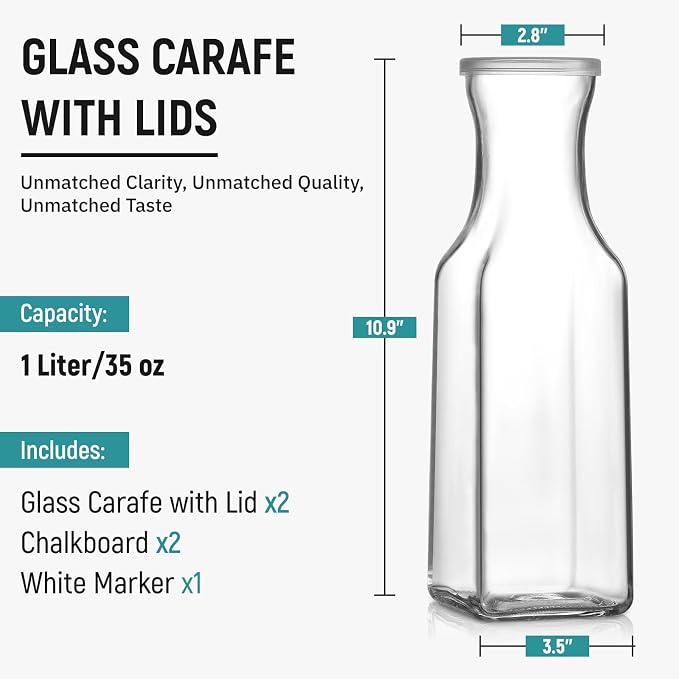 Set of 2 Square Glass Carafe, 1 Liter Clear Glass Pitcher - Image 2