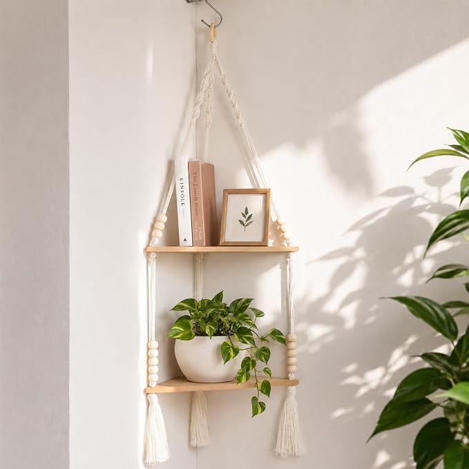 Artilady Macrame Wall Hanging Corner Shelf 2-Tier, Adjustable Boho Stable by Artilady