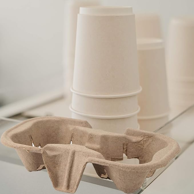 2 Cup Pulp Fiber Drink Carrier, 100 Pack Biodegradable Disposable Take-Out Cup - Image 2