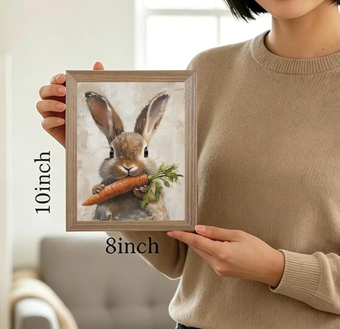 JQ7OL Vintage Wall Art Wood Framed Easter Rabbit Canvas Painting Picture Spring - Image 3