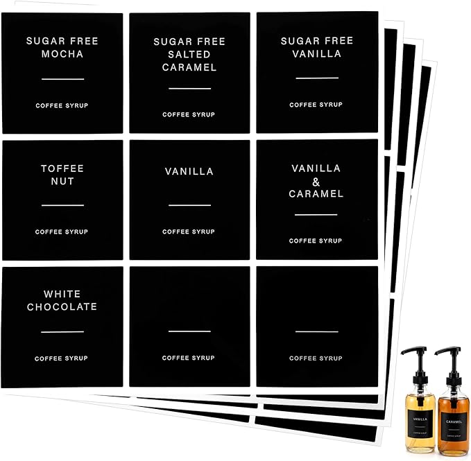 72 PCS Coffee Syrup Labels, Preprinted Waterproof Vinyl Syrup Labels by Unknown