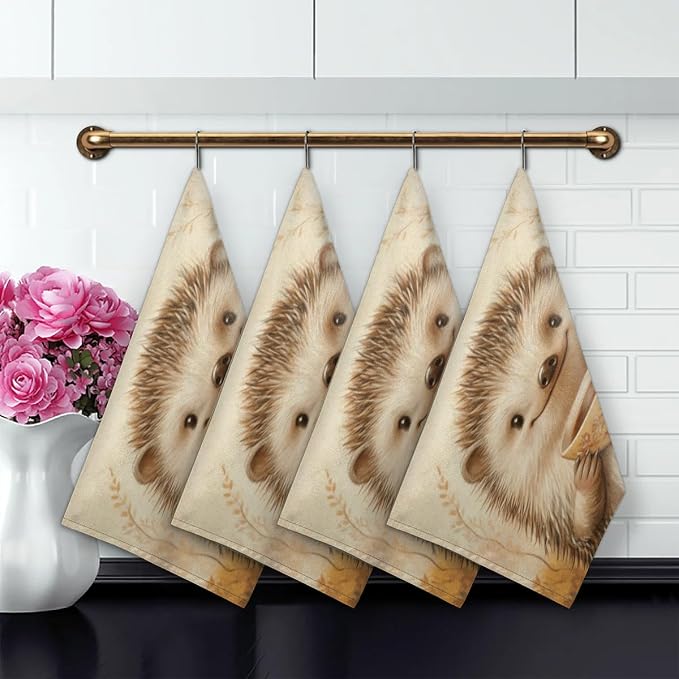 Vintage Hedgehog Kitchen Towels Set of 2 Coffee Cup Dish Towels Bar Absorbent - Image 4