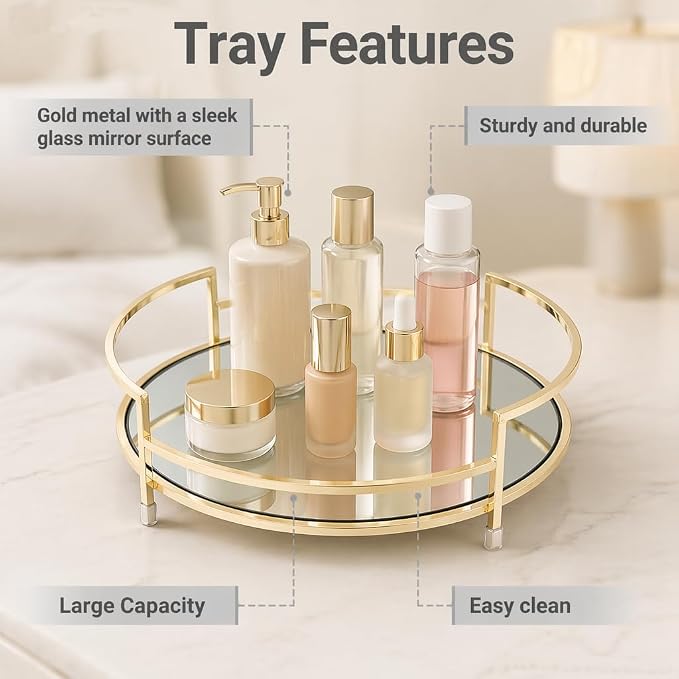 Round 12" Mirror Decor & Golden Tray, Metal Mirror Serving & Glass Vanity & - Image 6