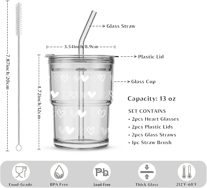INSETLAN 13oz Heart Decal Glass Tumblers Set of 2, Thick Wall Glass Cups - Image 3