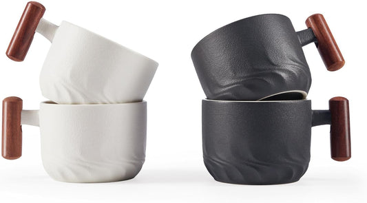 2.5oz Ceramic Espresso Cups with Wooden Handle, Small Coffee Cups Double Shot Espresso Cups Set of 4