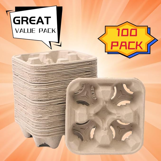 Disposable Compostable Drink Carriers, 100 Pack | Paper Pulp Cup Holder - Image 2