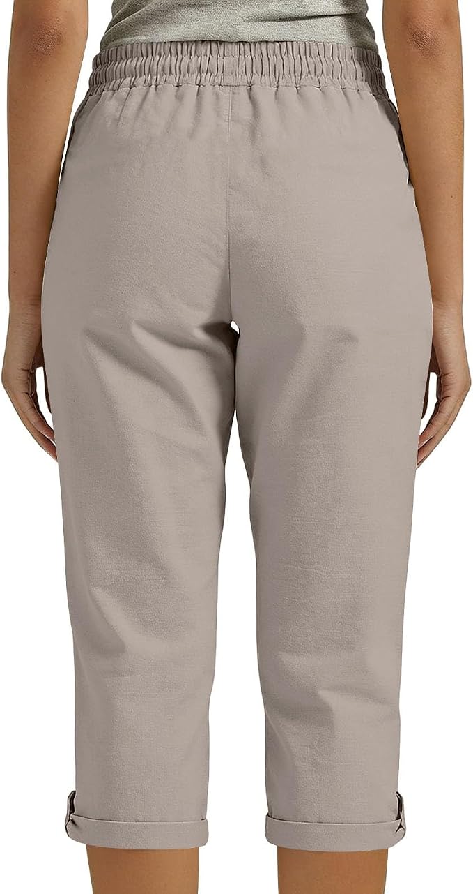 Drawstring Capri Linen Pants Women Elastic Waist Straight Leg Pant Summer Beach - Image 7