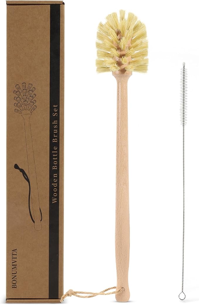 Long Handle Bottle Brush, Wooden Cleaning Brush by BONUMVITA