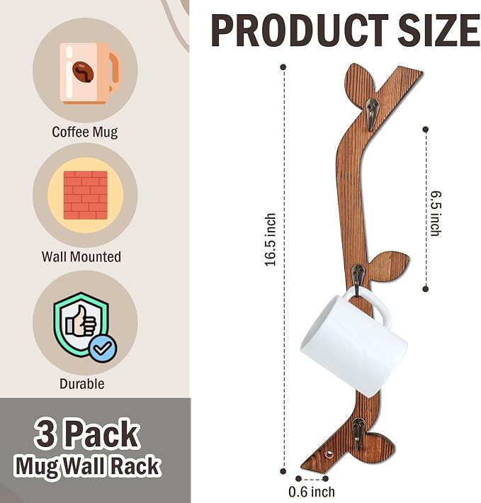 3 Pack Wood Coffee Mug Wall Rack - Image 2