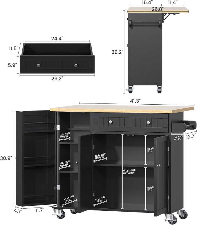 Bigbiglife Kitchen Island with Drop Leaf, Island Table on Wheels with Storage - Image 3