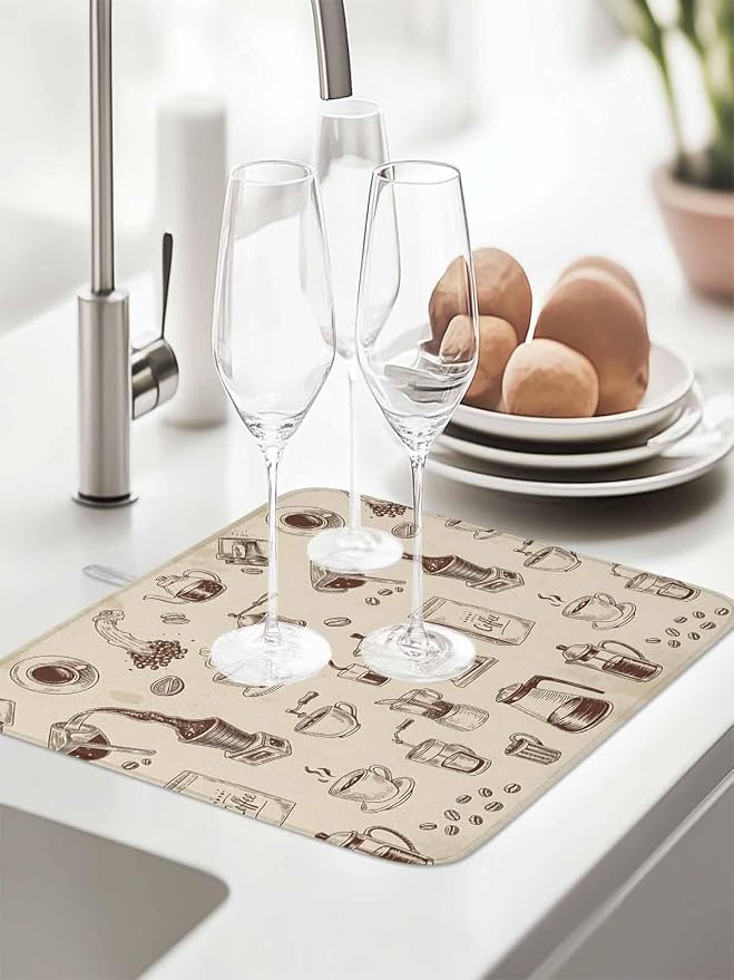 Coffee Dish Drying Mat 16x18 inch Vintage Coffee Beans Brewing Equipment Linen - Image 4