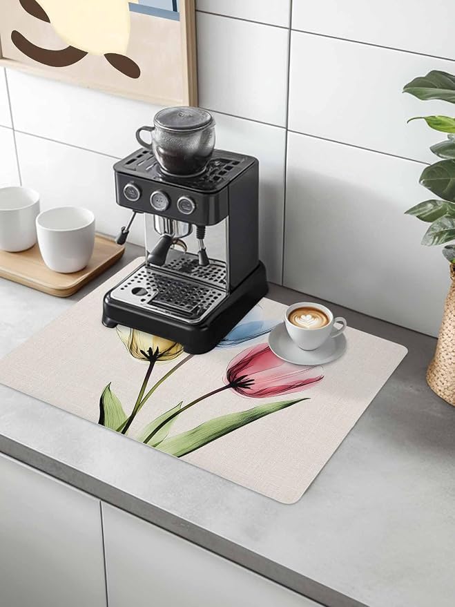 Red Yellow Blue Tulips Coffee Mat Transparent Floral Linen Retro Absorbent Bar - Image 2