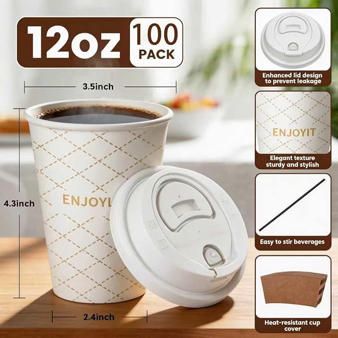 To Go Coffee Cups with Lids, 12 oz Disposable Paper Coffee Cups, 100 Pack - Image 2