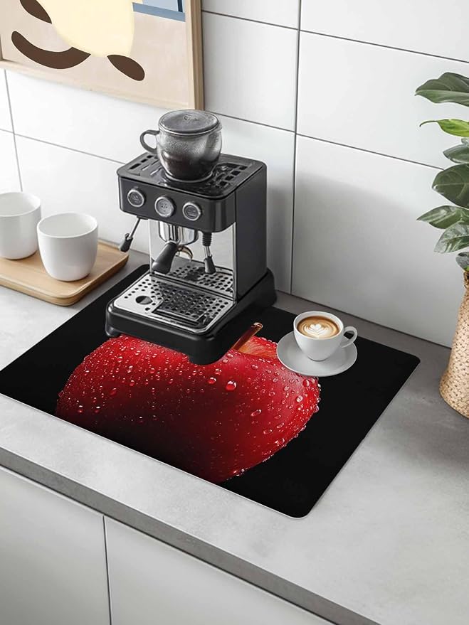 Coffee Mat 12x20in, Coffee Maker Pad Red Apples on Black Absorbent Non-slip - Image 2