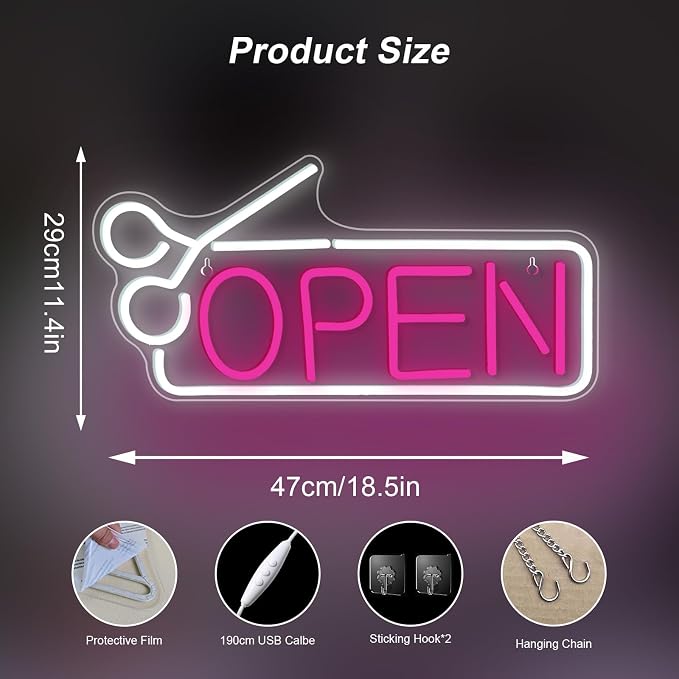 Open Neon Sign Pink Hair Salon Neon Light Barber LED Sign USB Powered Neon - Image 3