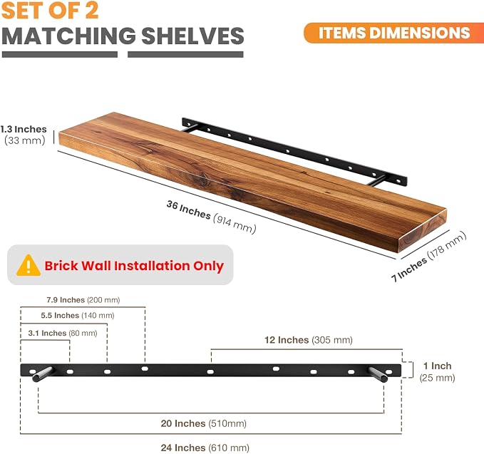 BATODA Set of 2 36" Wood Floating Shelves Wall Mounted – Rustic Farmhouse - Image 3