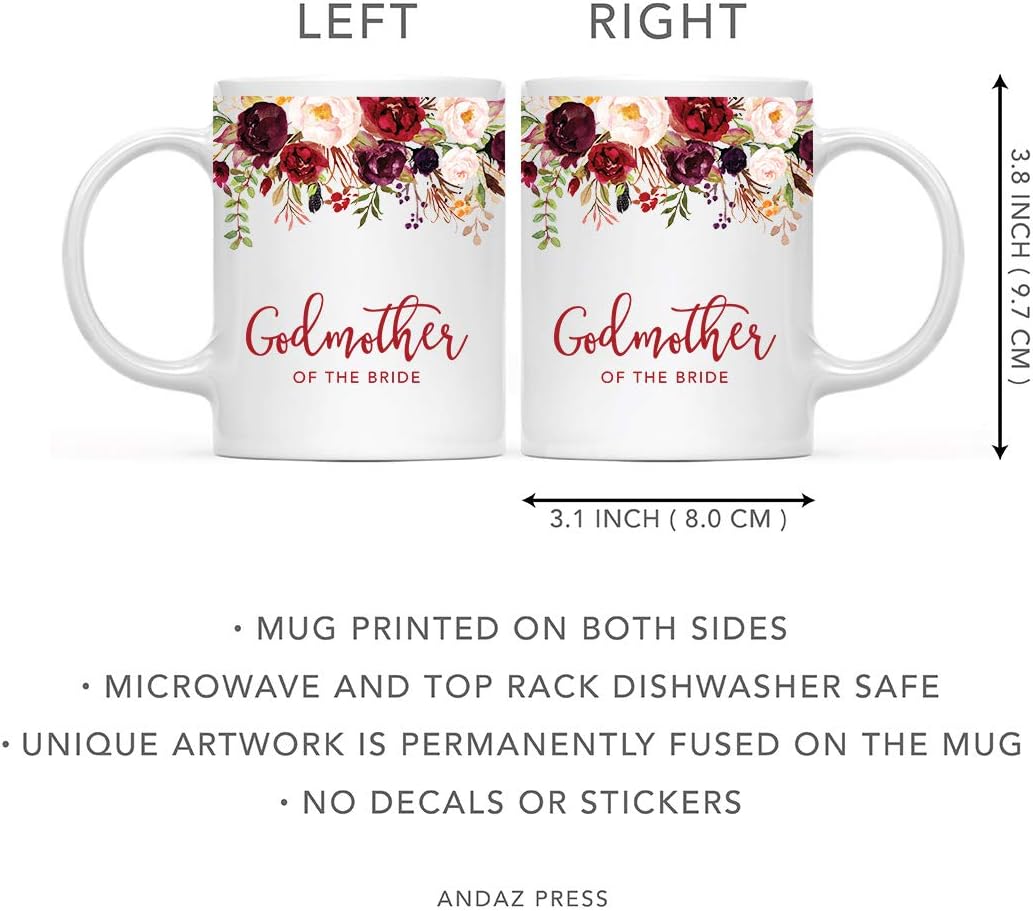 Andaz Press 11oz. Wedding Ceramic Coffee Tea Mug Gift, Fall Autumn Marsala Burgundy Flowers Roses Florals, Godmother of the Bride, 1-Pack, Includes Gift Box