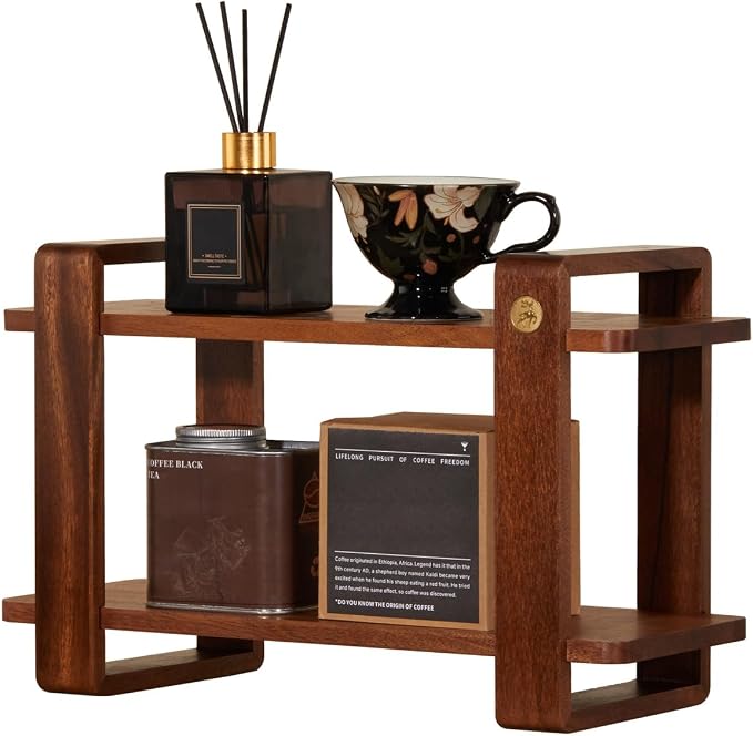Coffee Station Organizer for Kitchen Walnut Wooden Countertop Mug Holder 2 Tier by KAOTGOT