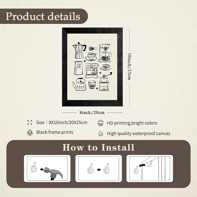 Black Framed Modern Kitchen Wall Art 08x10 inch Black and White Minimalist - Image 2