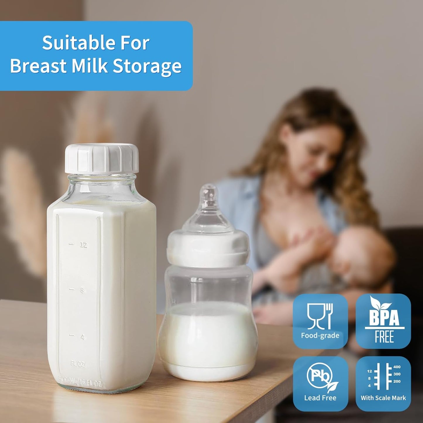 Glass Juice Bottles with Lids, 3 Pack Clear Glass Water Bottles w 2 Pour Spouts, 16 Oz Reusable Milk Jug w 100% Airtight Cap and Scale for Juicing Containers, Breast Milk Storage, Drinking Jar