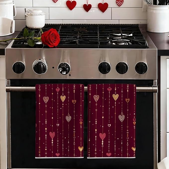 Hearts Kitchen Towels Set of 2, Romantic Modern Strings Dots Valentine's Day - Image 6