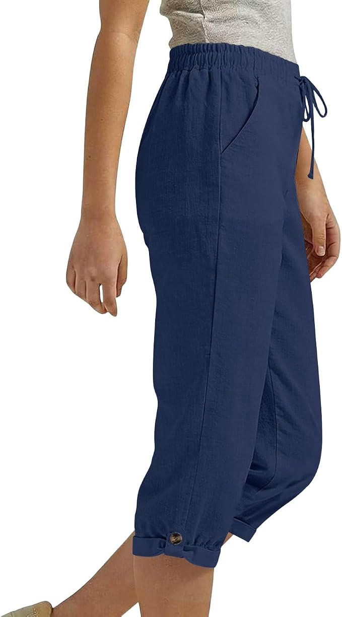 Drawstring Capri Linen Pants Women Elastic Waist Straight Leg Pant Summer Beach - Image 2