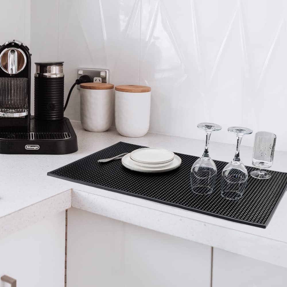Large Size Thicker Bar Mat for Countertop,Dish Drying Mat, Coffee Bars, Tea Bar,Under Sink Storage Mat 16X28''( Black)