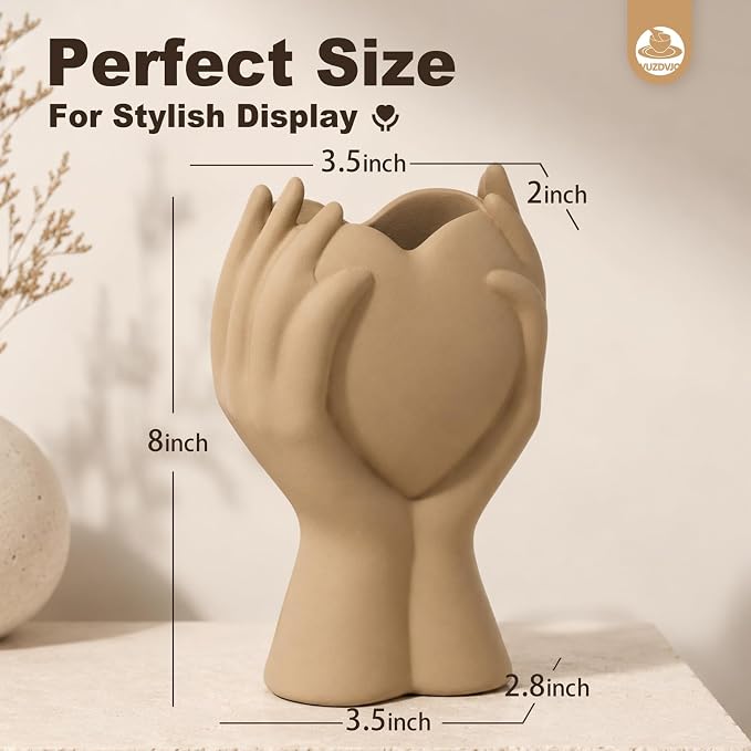 8 Inch Heart Hand Brown Ceramic Vase - Image 6
