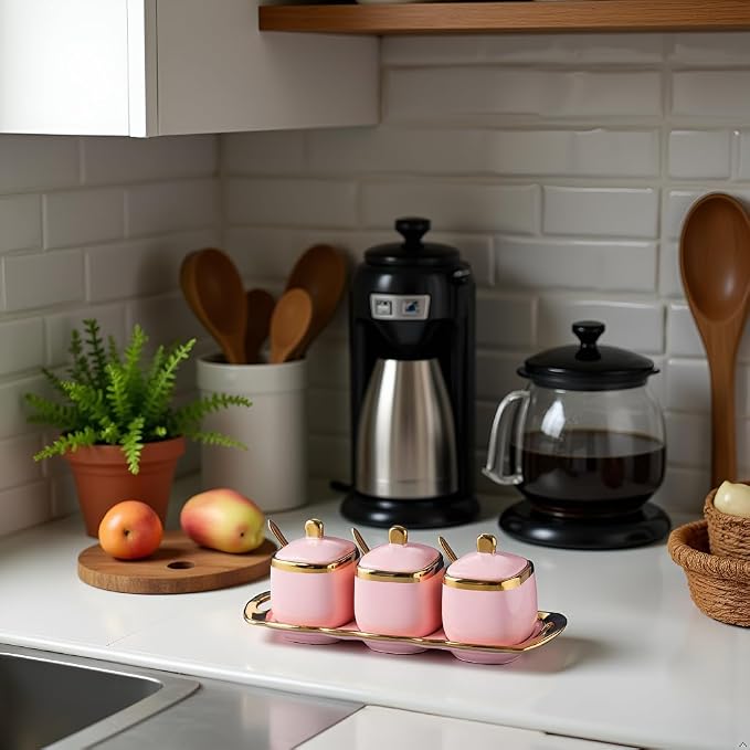 Pink Sugar Bowl with Lid and Spoon, Ceramic Condiment Jars Spice Container with - Image 9